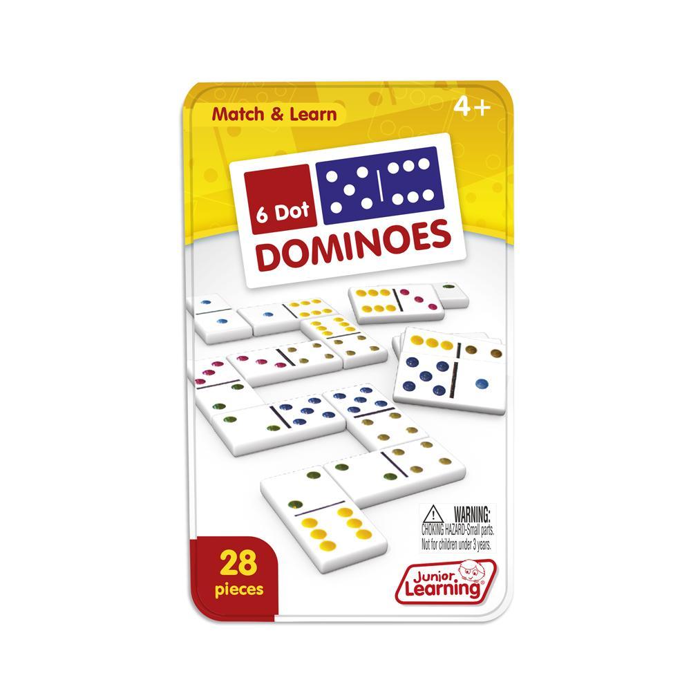 Junior Learning JL484 6 Dot Dominoes tin packaging left facing