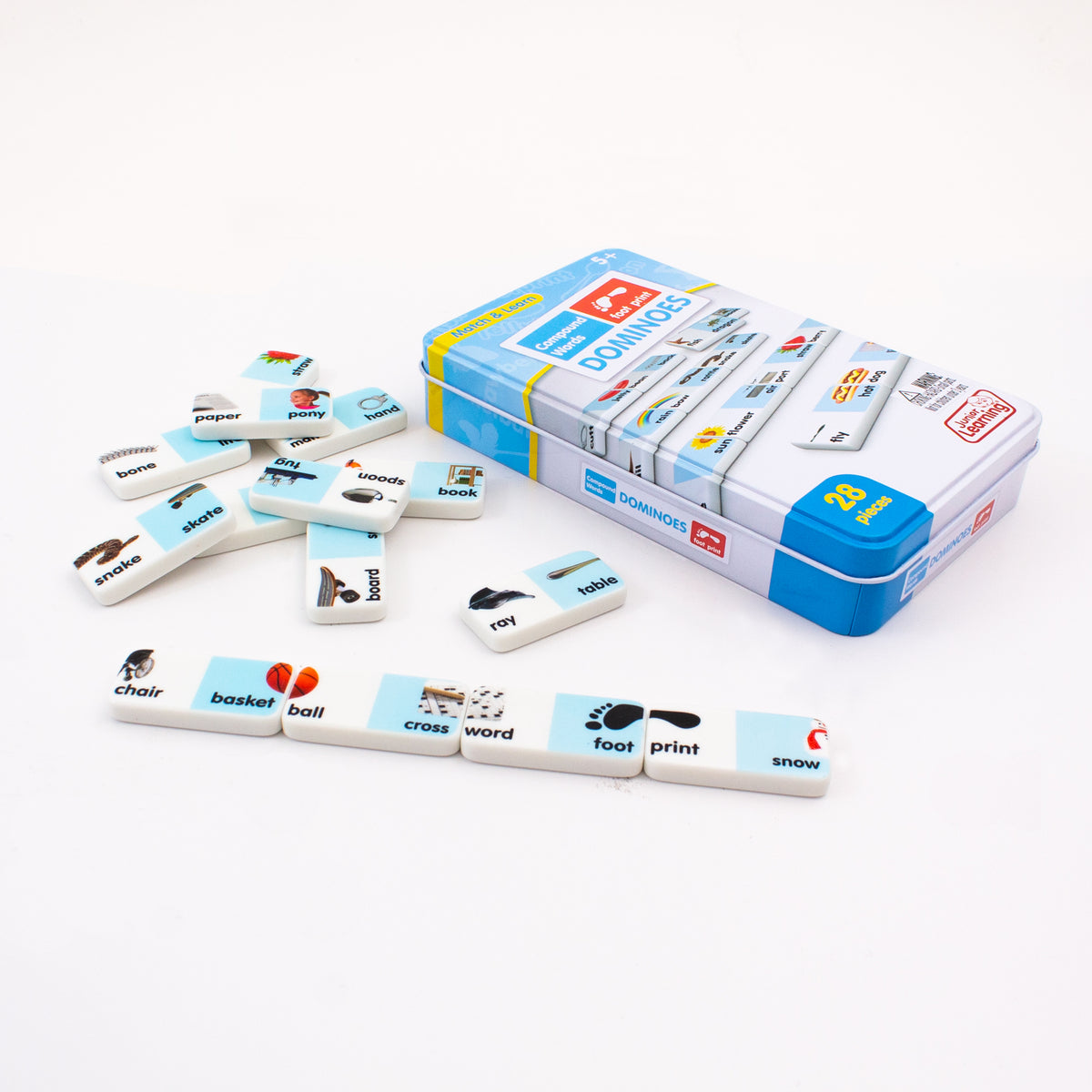 Junior Learning JL668 Compound Words Dominoes tin and pieces angled flat