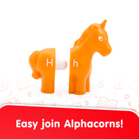 Orange horse-shaped letter 'H' with a red banner encouraging joining Alphacorns on a white background.