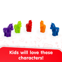 Five colorful horse-shaped letters on a white background with text 'Kids will love these characters!'.