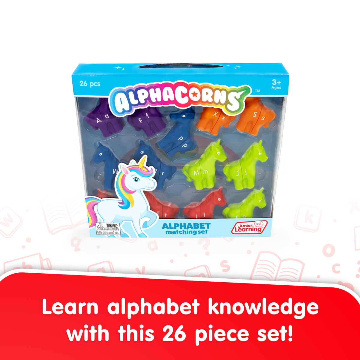 Alphacorns alphabet matching set packaging with colorful unicorns and letters on a white background.