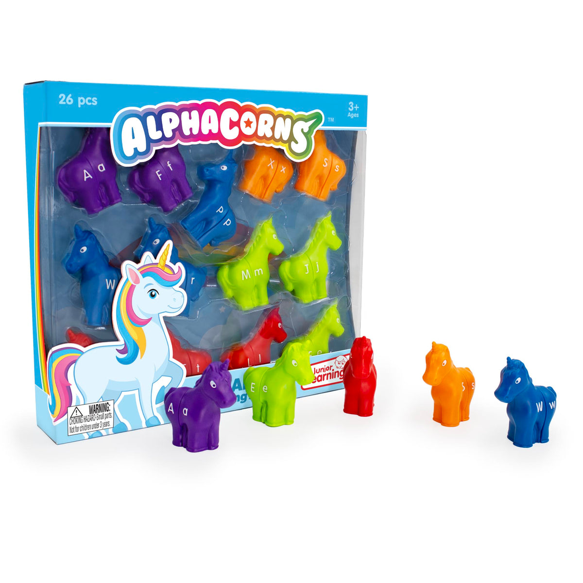 Colorful alphabetic horse figurines with packaging on a white background