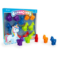 Colorful alphabetic horse figurines with packaging on a white background