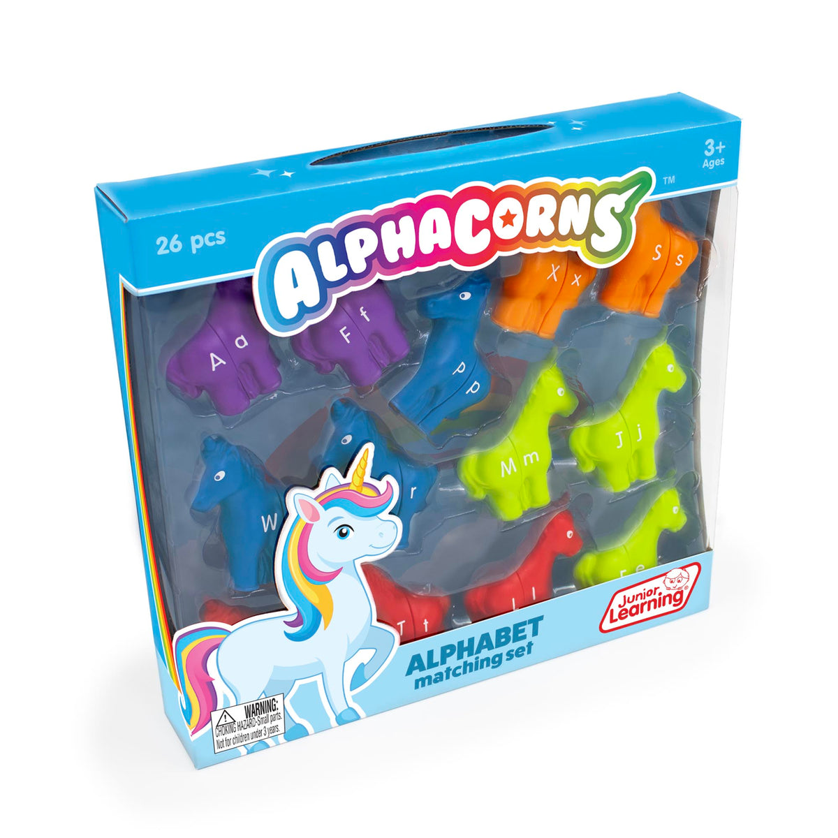 Box of Alphacorns alphabet matching set with colorful lettered ponies and a unicorn illustration.