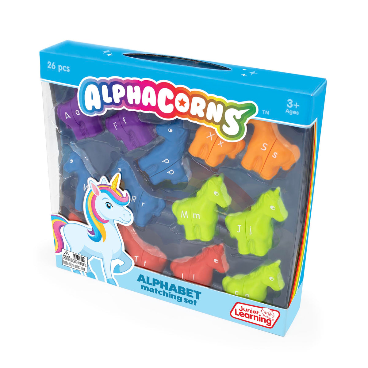 Box of Alphacorns alphabet matching set with colorful horse-shaped letters on a white background