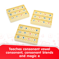 Three yellow letter boards with letters on a white background, teaching consonant vowel consonant, consonant blends, and magic e.