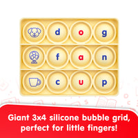 Giant 3x4 silicone bubble grid with letters and symbols on a white background