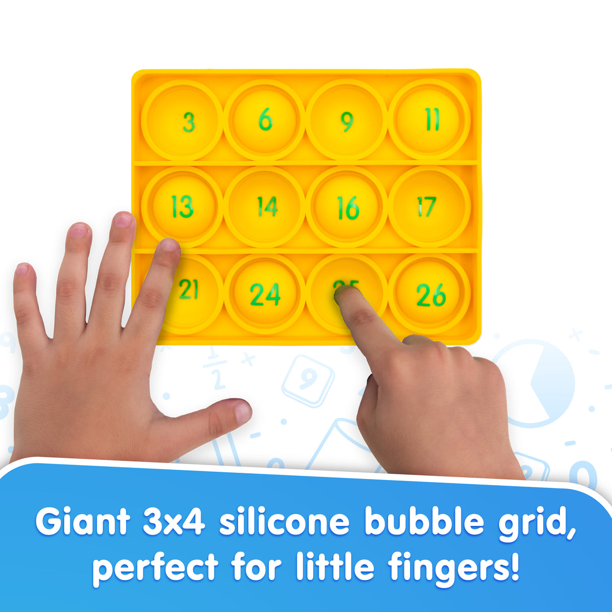 Giant 3x4 silicone bubble grid with numbers, showing hands interacting with it.