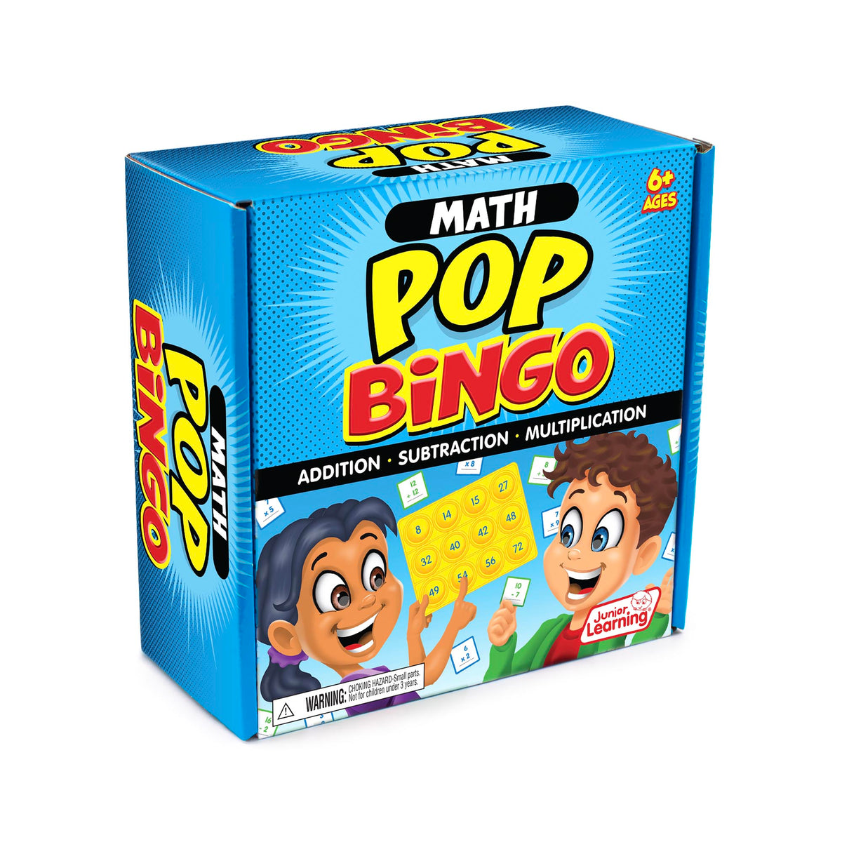 Math Pop Bingo game box with colorful design and cartoon characters on a white background
