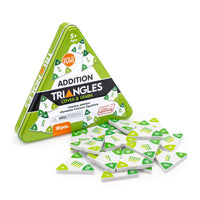 Educational addition triangles game with packaging on a white background