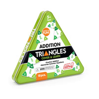 Triangular packaging of Addition Triangles educational game with green and white design.