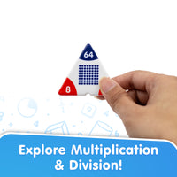 Hand holding a geometric shape with numbers, promoting multiplication and division learning.