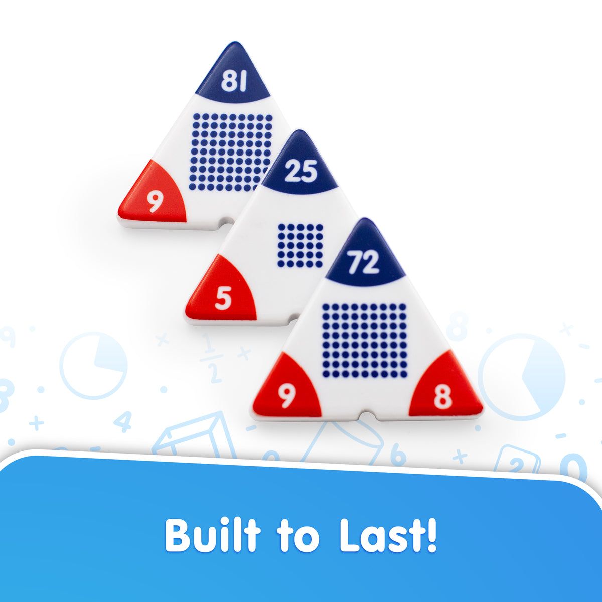 Triangular dice with numbers on a white background with 'Built to Last!' text.