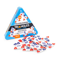 Triangular packaging of Multiplication Triangles educational game with tiles displayed on a white background