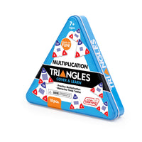 Triangular packaging of Multiplication Triangles educational game with colorful triangles inside