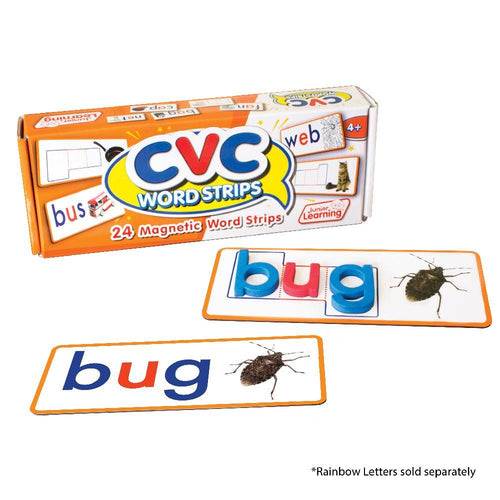 Junior Learning JL198 CVC Word Stips box, pieces and rainbow letters close up