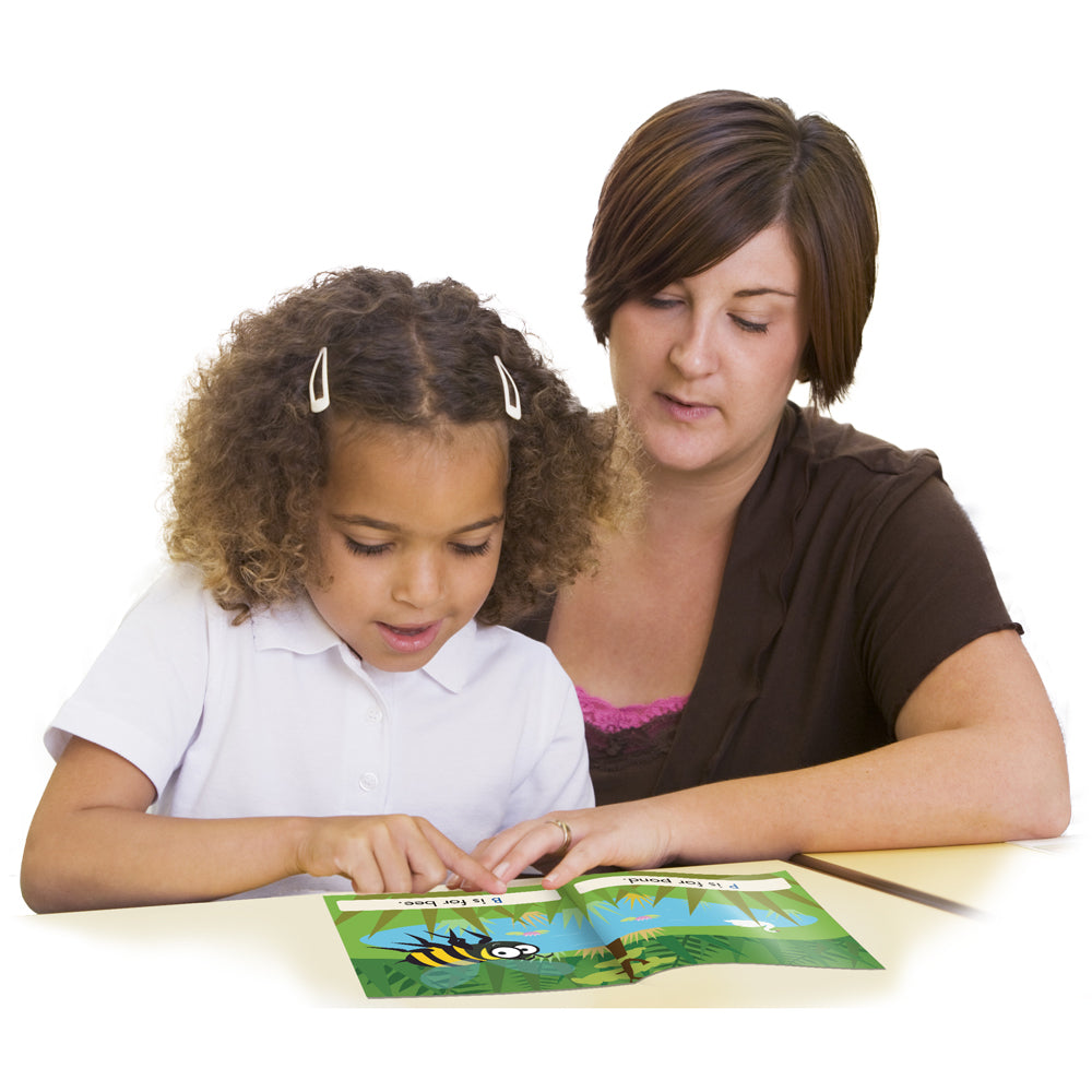 mom teaching daughter how to read with Junior Learning JL955 Letters and Sounds Phase 1 Set 1 Fiction