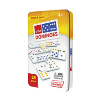 Junior Learning JL484 6 Dot Dominoes front facing tin packaging